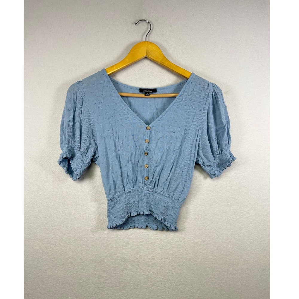 Ambiance Light Blue‎ Swiss Dot Puff Sleeve Smocked Cropped Blouse Top Women's S